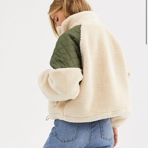 Pull&Bear borg and quilt zip front jacket in ecru